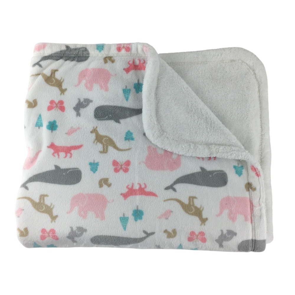 Carters Baby Blanket White Animal Print Elephant Whale Kangaroo Fox Fleece 37x30